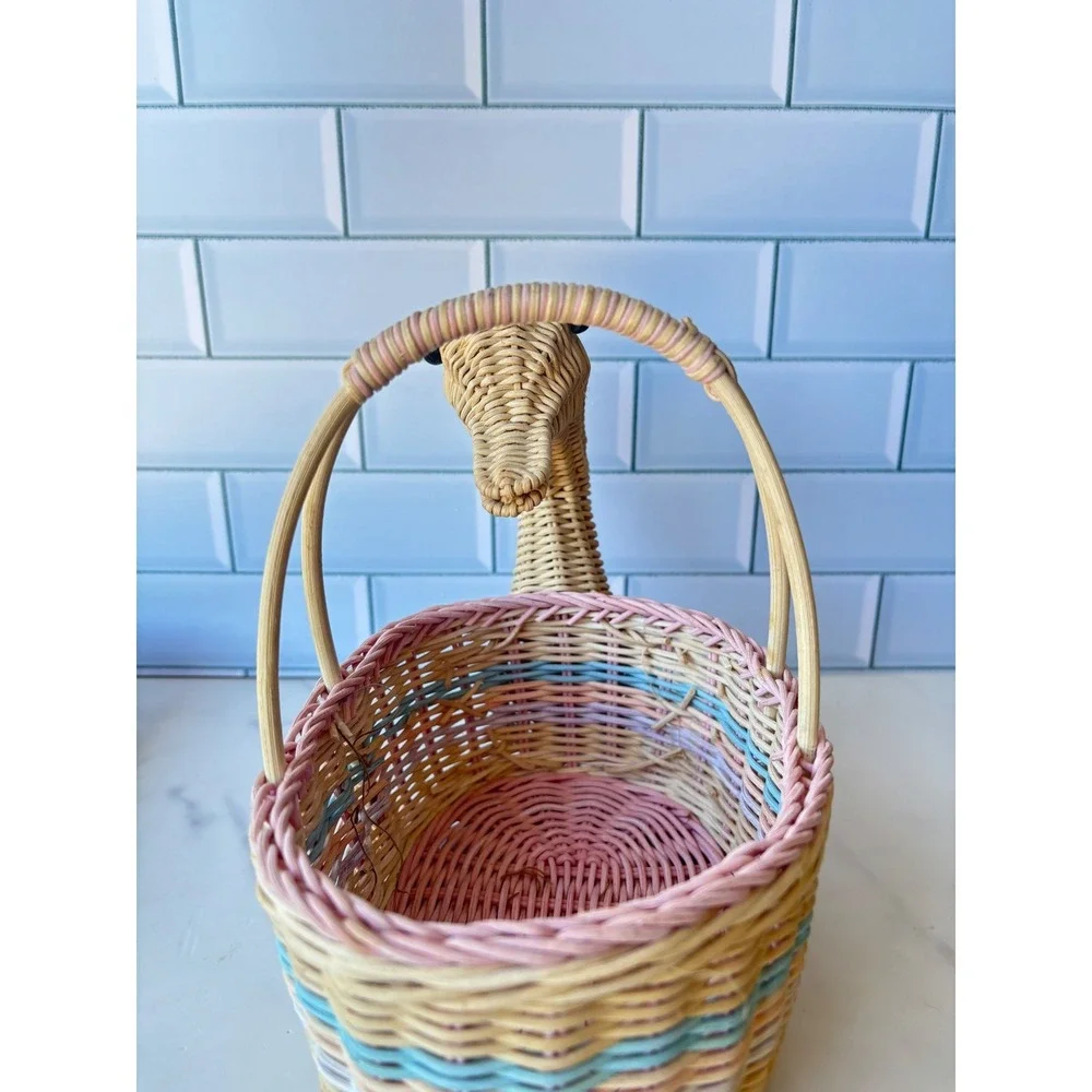 Vintage Woven Wicker Duck Basket Pastel‎ Pink Blue Figural Animal Easter Decor